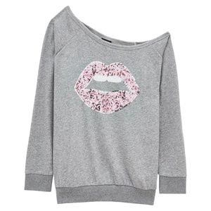 Pre-Owned Torrid Size 4X Sequin Lips Grey Terry Off Shoulder Comfy Sweatshirt